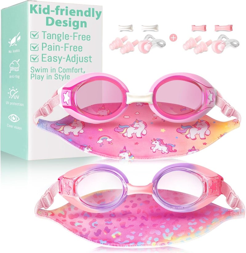 Pixel Panda 2 Pack Kids Swim Goggles with Fabric Strap for 3-14 Anti-Fog Anti-UV, No Leak No Hair Pulling Swimming Goggles - Image 1
